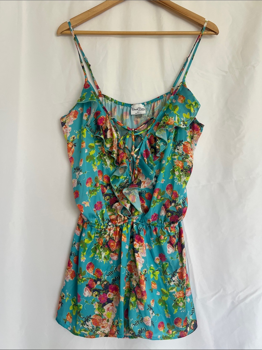Beach Bunny Turquoise Floral Ruffle One-Piece Romper with Tie